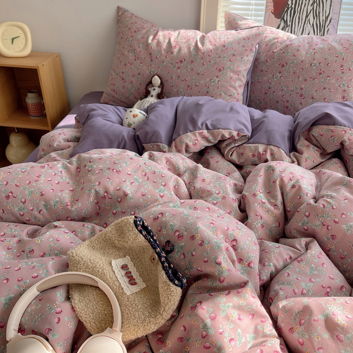 91家纺网 家纺一手货源 找家纺 星禾优选 2025新款A类仿棉四件套古法水洗棉小清新印花四件套单被套系列(提供买家秀) 野草莓