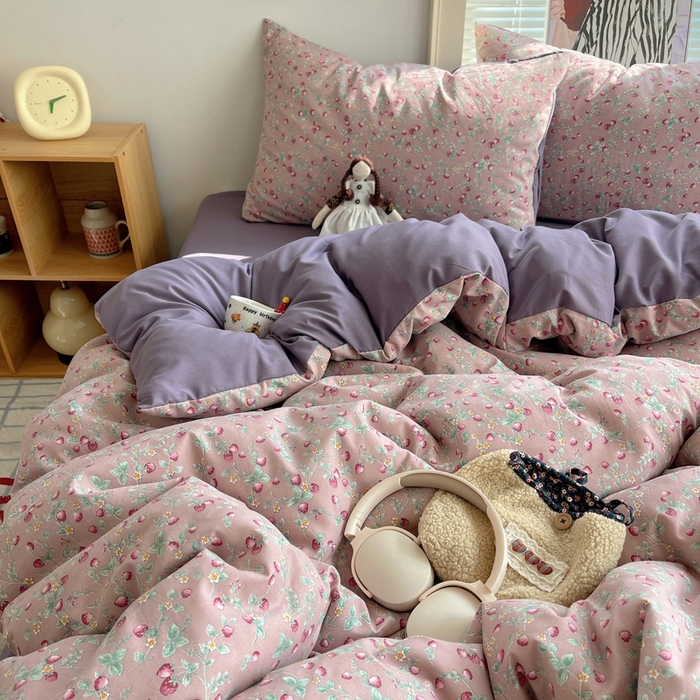 91家纺网 家纺一手货源 找家纺 星禾优选 2025新款A类仿棉四件套古法水洗棉小清新印花四件套单被套系列(提供买家秀) 野草莓