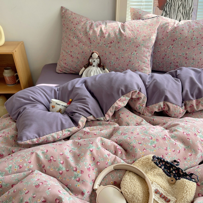 91家纺网 家纺一手货源 找家纺 星禾优选 2025新款A类仿棉四件套古法水洗棉小清新印花四件套单被套系列(提供买家秀) 野草莓