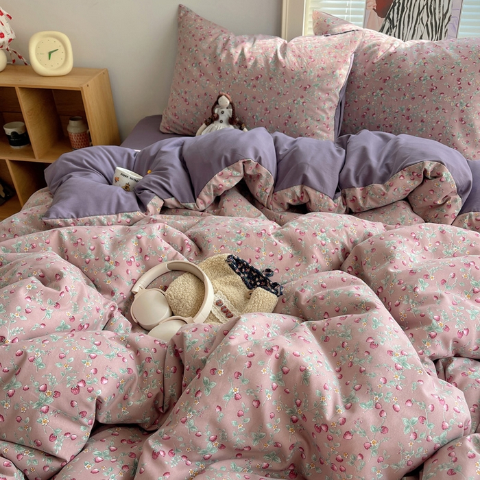 91家纺网 家纺一手货源 找家纺 星禾优选 2025新款A类仿棉四件套古法水洗棉小清新印花四件套单被套系列(提供买家秀) 野草莓