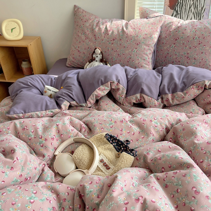 91家纺网 家纺一手货源 找家纺 星禾优选 2025新款A类仿棉四件套古法水洗棉小清新印花四件套单被套系列(提供买家秀) 野草莓