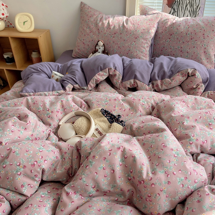 91家纺网 家纺一手货源 找家纺 星禾优选 2025新款A类仿棉四件套古法水洗棉小清新印花四件套单被套系列(提供买家秀) 野草莓