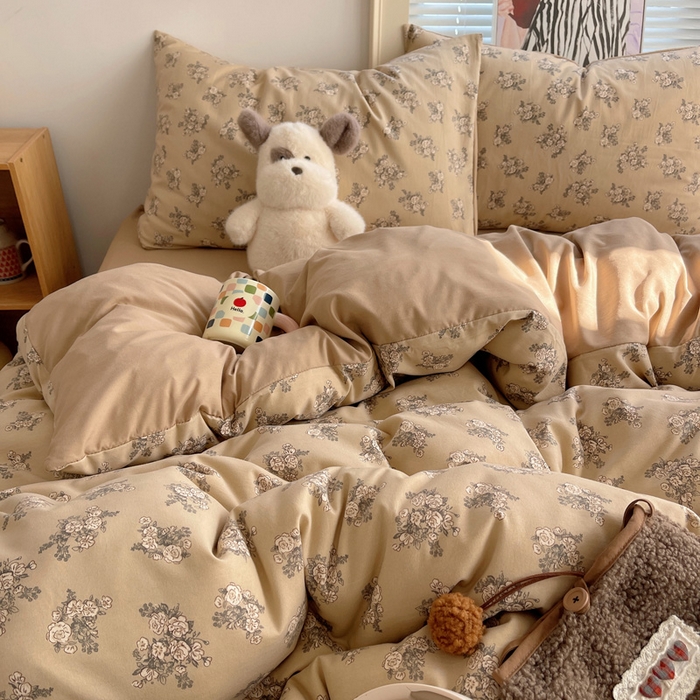 91家纺网 家纺一手货源 找家纺 星禾优选 2025新款A类仿棉四件套古法水洗棉小清新印花四件套单被套系列(提供买家秀) 余烬-咖