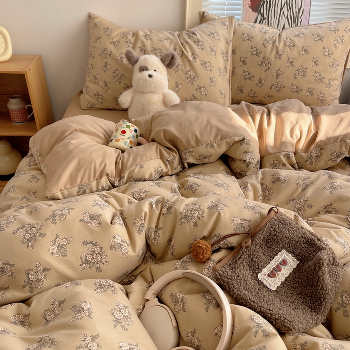 91家纺网 家纺一手货源 找家纺 星禾优选 2025新款A类仿棉四件套古法水洗棉小清新印花四件套单被套系列(提供买家秀) 余烬-咖