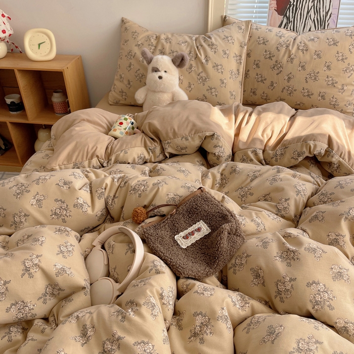 91家纺网 家纺一手货源 找家纺 星禾优选 2025新款A类仿棉四件套古法水洗棉小清新印花四件套单被套系列(提供买家秀) 余烬-咖