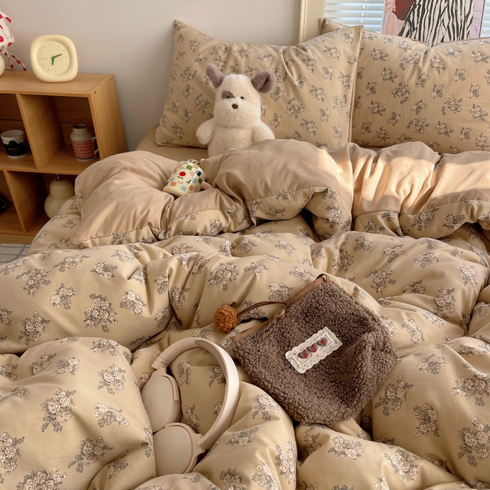 91家纺网 家纺一手货源 找家纺 星禾优选 2025新款A类仿棉四件套古法水洗棉小清新印花四件套单被套系列(提供买家秀) 余烬-咖