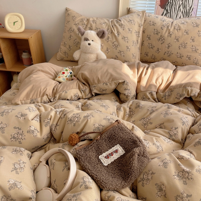 91家纺网 家纺一手货源 找家纺 星禾优选 2025新款A类仿棉四件套古法水洗棉小清新印花四件套单被套系列(提供买家秀) 余烬-咖