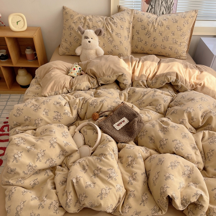 91家纺网 家纺一手货源 找家纺 星禾优选 2025新款A类仿棉四件套古法水洗棉小清新印花四件套单被套系列(提供买家秀) 余烬-咖