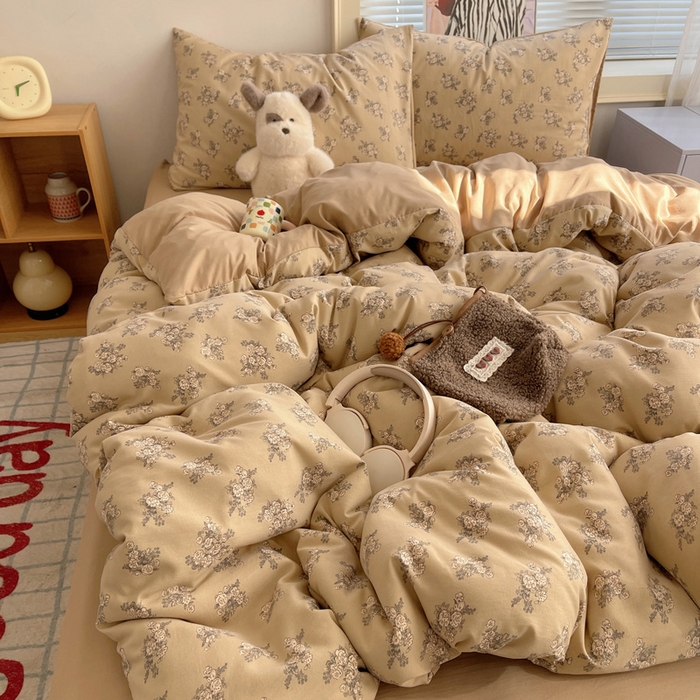 91家纺网 家纺一手货源 找家纺 星禾优选 2025新款A类仿棉四件套古法水洗棉小清新印花四件套单被套系列(提供买家秀) 余烬-咖