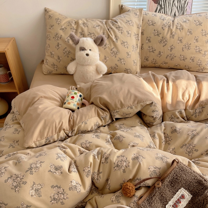 91家纺网 家纺一手货源 找家纺 星禾优选 2025新款A类仿棉四件套古法水洗棉小清新印花四件套单被套系列(提供买家秀) 余烬-咖