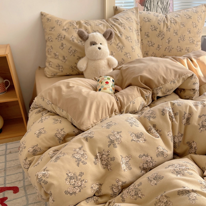 91家纺网 家纺一手货源 找家纺 星禾优选 2025新款A类仿棉四件套古法水洗棉小清新印花四件套单被套系列(提供买家秀) 余烬-咖