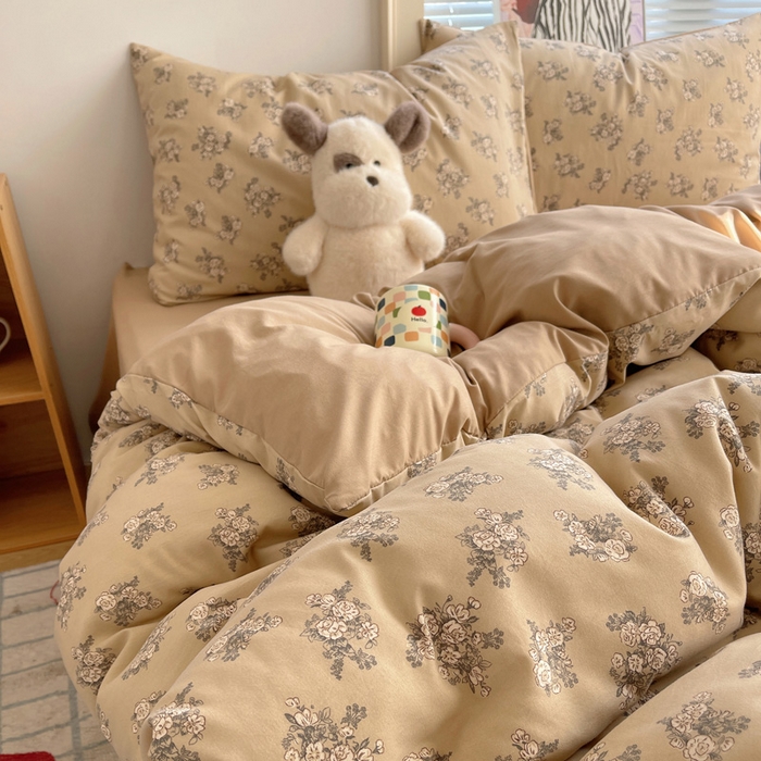 91家纺网 家纺一手货源 找家纺 星禾优选 2025新款A类仿棉四件套古法水洗棉小清新印花四件套单被套系列(提供买家秀) 余烬-咖