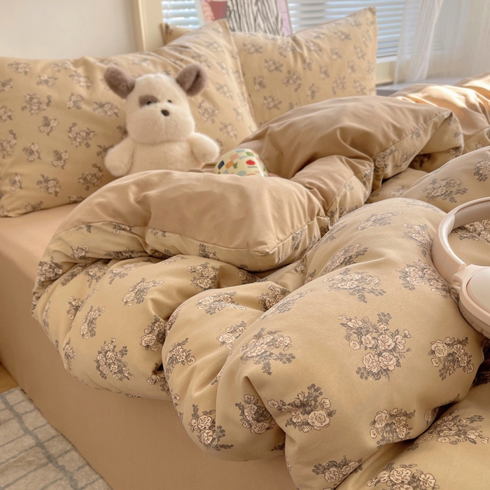 91家纺网 家纺一手货源 找家纺 星禾优选 2025新款A类仿棉四件套古法水洗棉小清新印花四件套单被套系列(提供买家秀) 余烬-咖