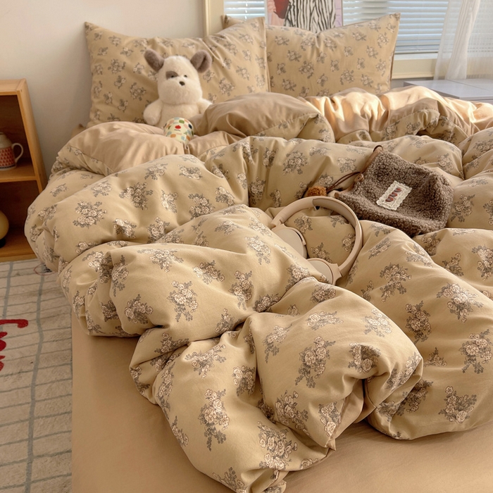 91家纺网 家纺一手货源 找家纺 星禾优选 2025新款A类仿棉四件套古法水洗棉小清新印花四件套单被套系列(提供买家秀) 余烬-咖