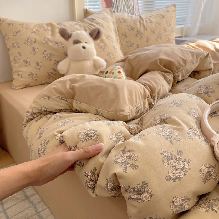 91家纺网 家纺一手货源 找家纺 星禾优选 2025新款A类仿棉四件套古法水洗棉小清新印花四件套单被套系列(提供买家秀) 余烬-咖