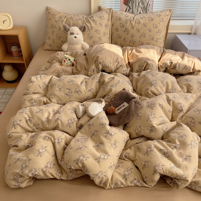 91家纺网 家纺一手货源 找家纺 星禾优选 2025新款A类仿棉四件套古法水洗棉小清新印花四件套单被套系列(提供买家秀) 余烬-咖