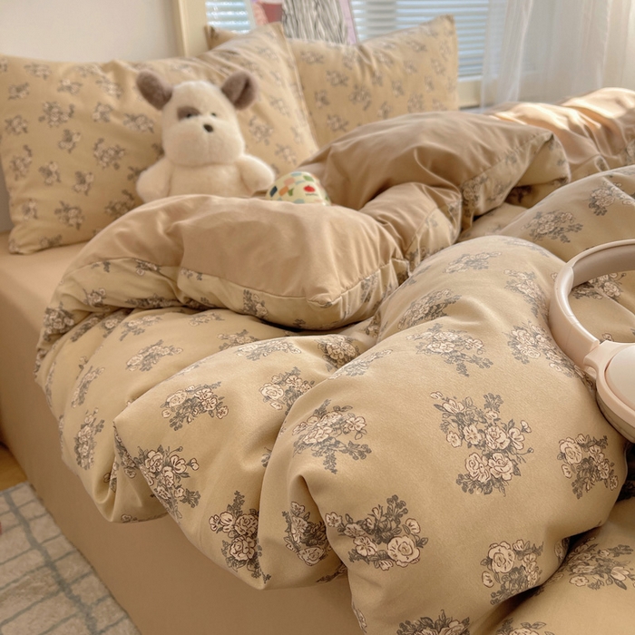 91家纺网 家纺一手货源 找家纺 星禾优选 2025新款A类仿棉四件套古法水洗棉小清新印花四件套单被套系列(提供买家秀) 余烬-咖