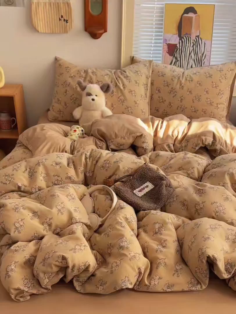 91家纺网 家纺一手货源 找家纺 星禾优选 2025新款A类仿棉四件套古法水洗棉小清新印花四件套单被套系列(提供买家秀) 余烬-咖