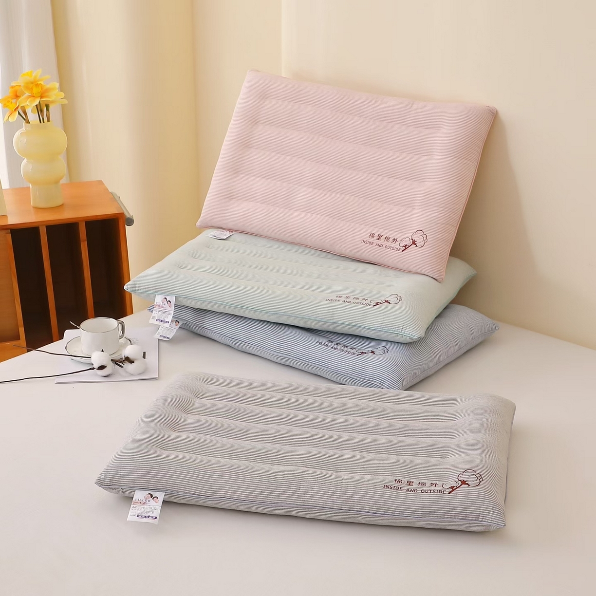 91家纺网 家纺一手货源 找家纺 （总）露函家居 2025新款水洗棉棉里棉外条纹定型枕枕头枕芯