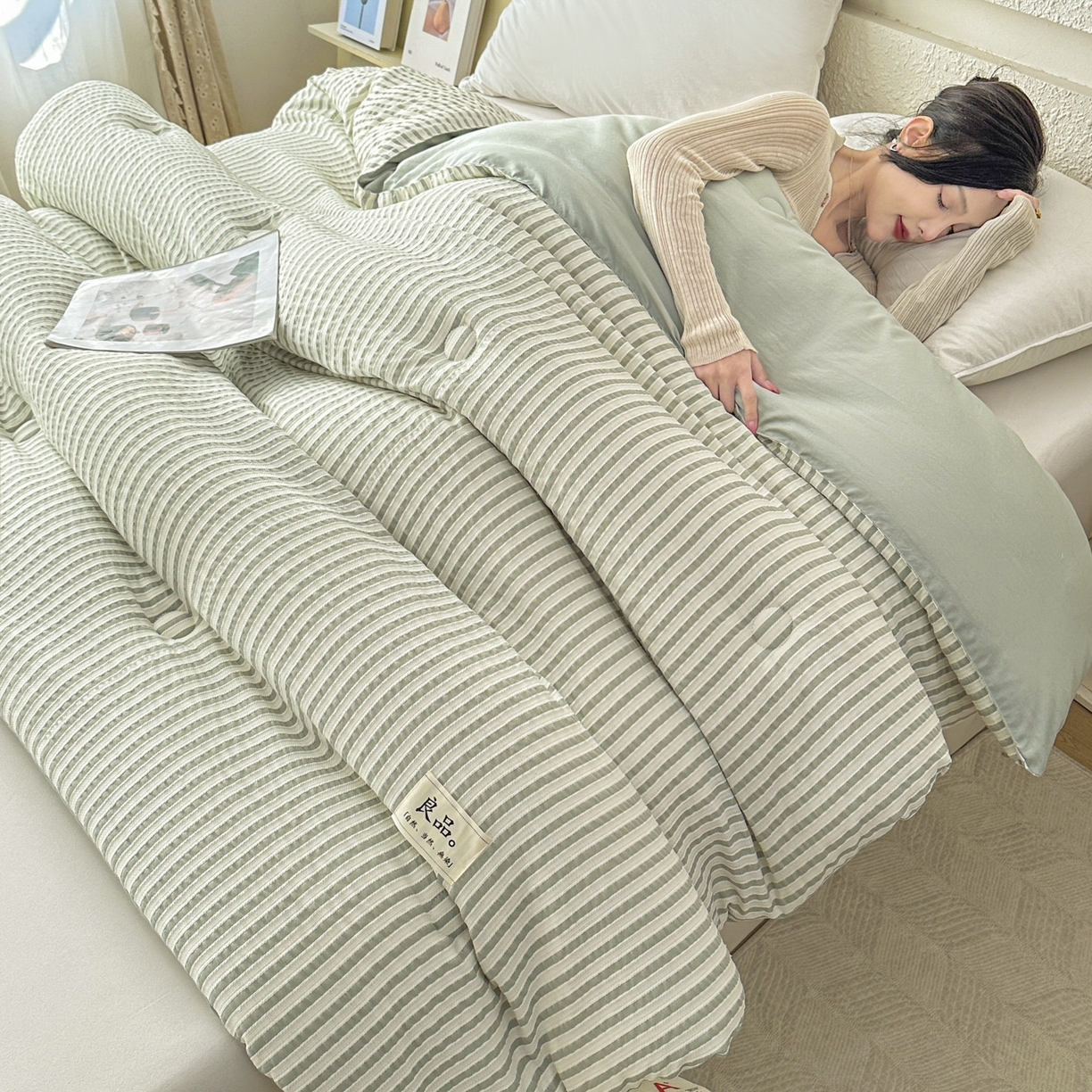 91家纺网 家纺一手货源 找家纺 尊妙被业 2025新款新疆棉花被冬被春秋被被子被芯-良品色织彩条款 良品色织-彩条绿