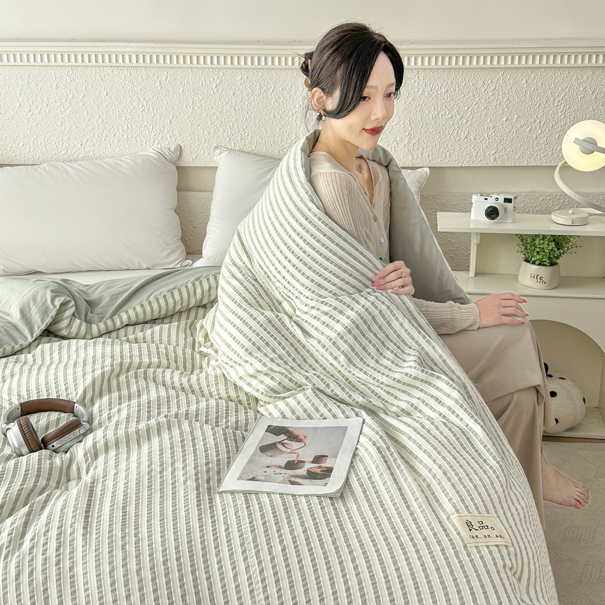 91家纺网 家纺一手货源 找家纺 尊妙被业 2025新款新疆棉花被冬被春秋被被子被芯-良品色织彩条款 良品色织-彩条绿