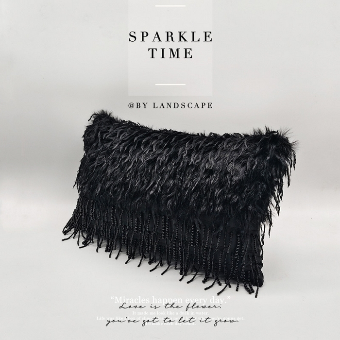 91家纺网 家纺一手货源 找家纺 （总）露函家居 2025新款黑色羽毛珍珠抱枕