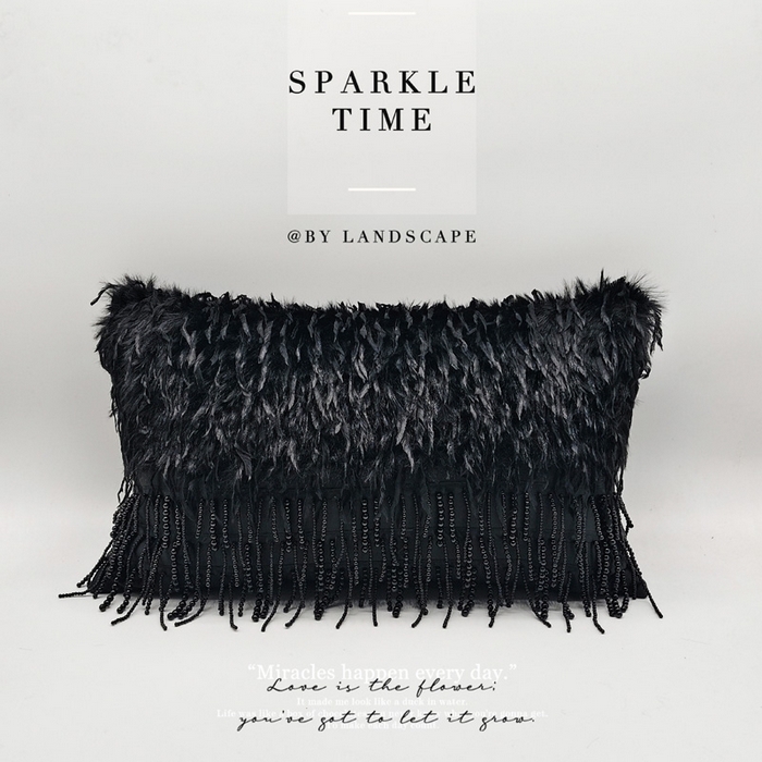 91家纺网 家纺一手货源 找家纺 （总）露函家居 2025新款黑色羽毛珍珠抱枕