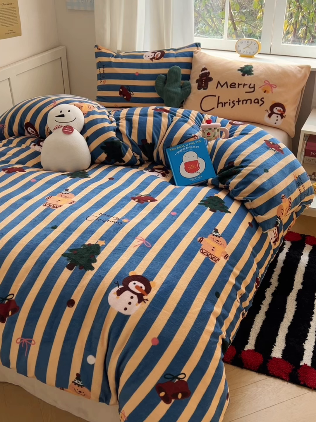 91家纺网 家纺一手货源 找家纺 桃子家居 2025新款A类数码印花圣诞新年限定款猫咪小熊加厚牛奶绒系列四件套详情 绒-冬日圣诞雪人