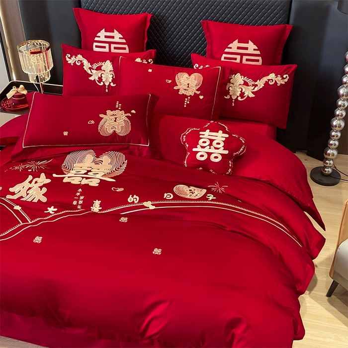 91家纺网 家纺一手货源 找家纺 芊囍纺 2024新款亲肤双面磨毛刺绣款婚庆四件套 大喜的日子