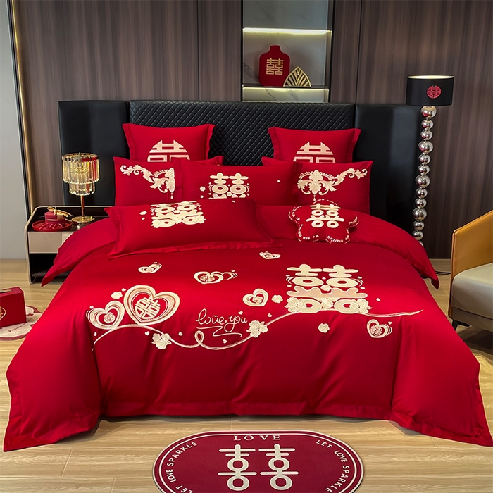 芊囍纺 2024新款亲肤双面磨毛刺绣款婚庆四件套 囍宴