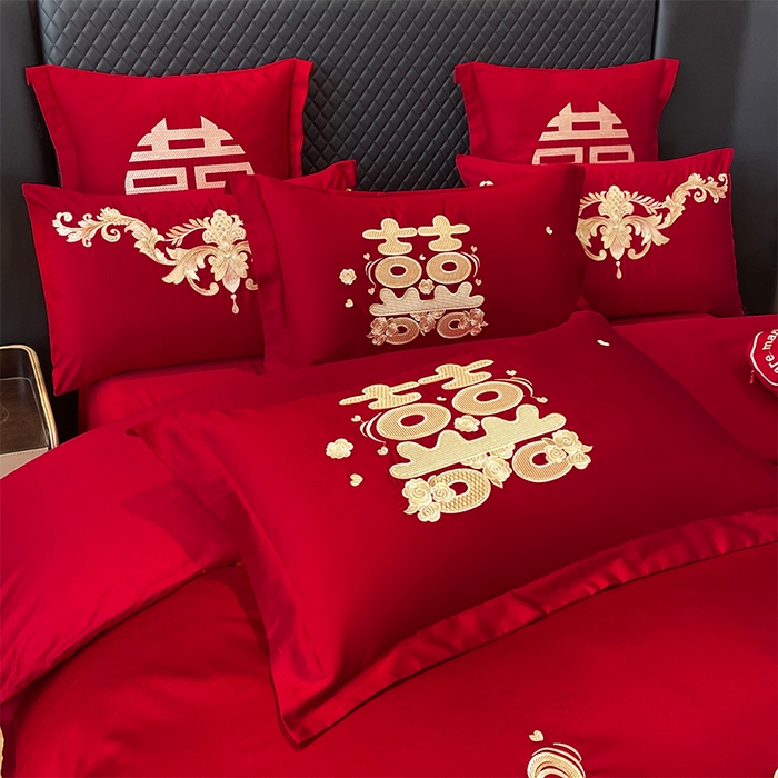 91家纺网 家纺一手货源 找家纺 芊囍纺 2024新款亲肤双面磨毛刺绣款婚庆四件套 囍宴