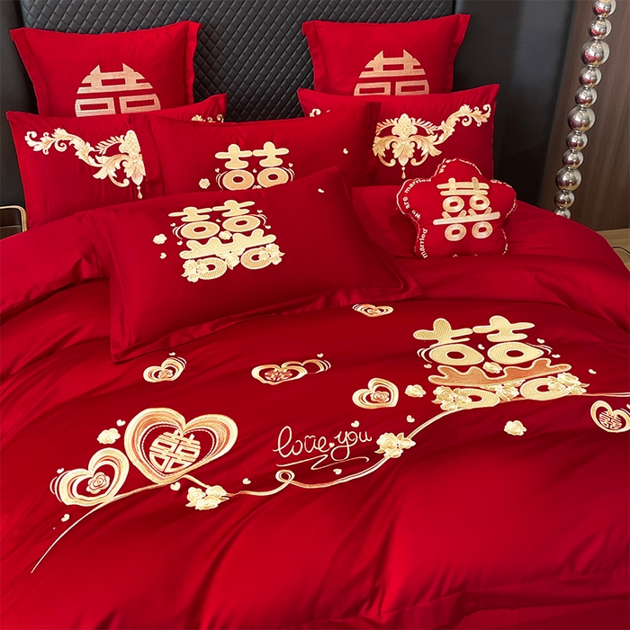 91家纺网 家纺一手货源 找家纺 芊囍纺 2024新款亲肤双面磨毛刺绣款婚庆四件套 囍宴