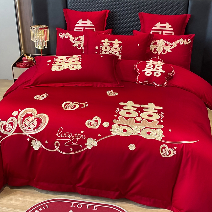 91家纺网 家纺一手货源 找家纺 芊囍纺 2024新款亲肤双面磨毛刺绣款婚庆四件套 囍宴