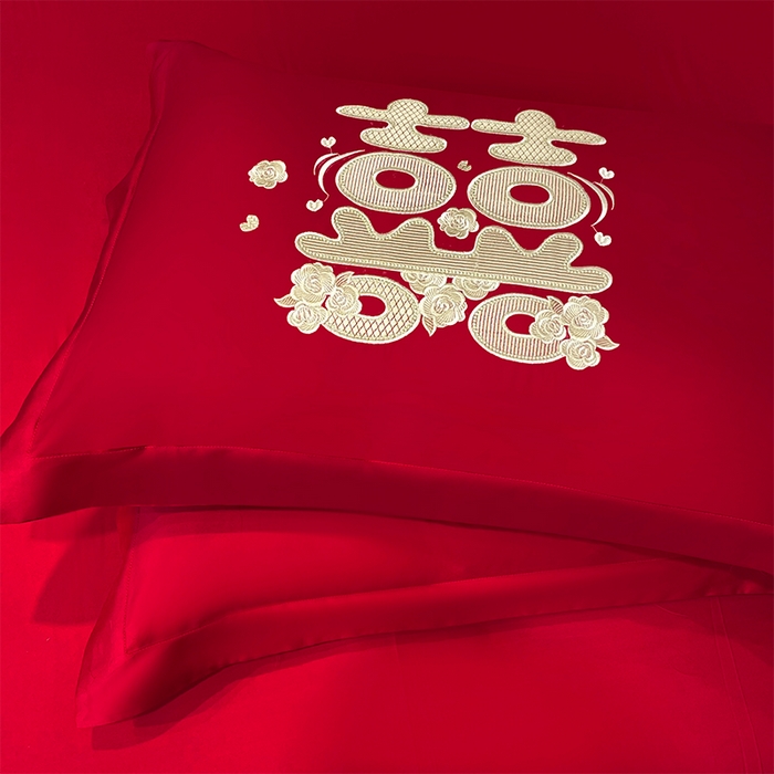 91家纺网 家纺一手货源 找家纺 芊囍纺 2024新款亲肤双面磨毛刺绣款婚庆四件套 囍宴