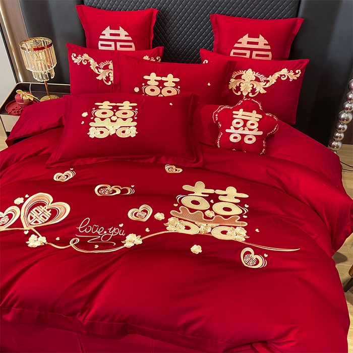 91家纺网 家纺一手货源 找家纺 芊囍纺 2024新款亲肤双面磨毛刺绣款婚庆四件套 囍宴