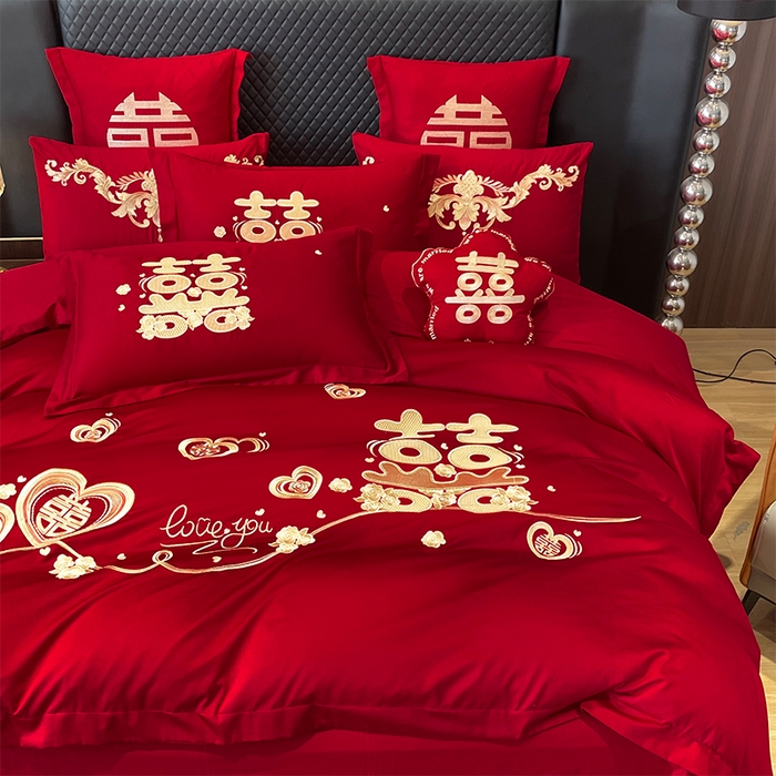 91家纺网 家纺一手货源 找家纺 芊囍纺 2024新款亲肤双面磨毛刺绣款婚庆四件套 囍宴