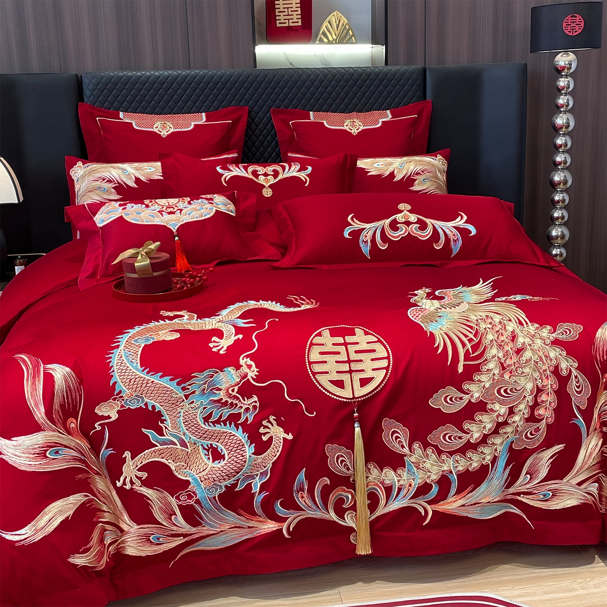 91家纺网 家纺一手货源 找家纺 芊囍纺 2024新款亲肤双面磨毛刺绣款婚庆四件套 龙凤喜悦