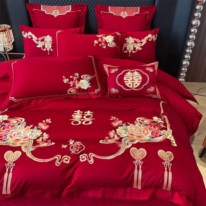 91家纺网 家纺一手货源 找家纺 芊囍纺 2024新款亲肤双面磨毛刺绣款婚庆四件套 甜甜蜜蜜