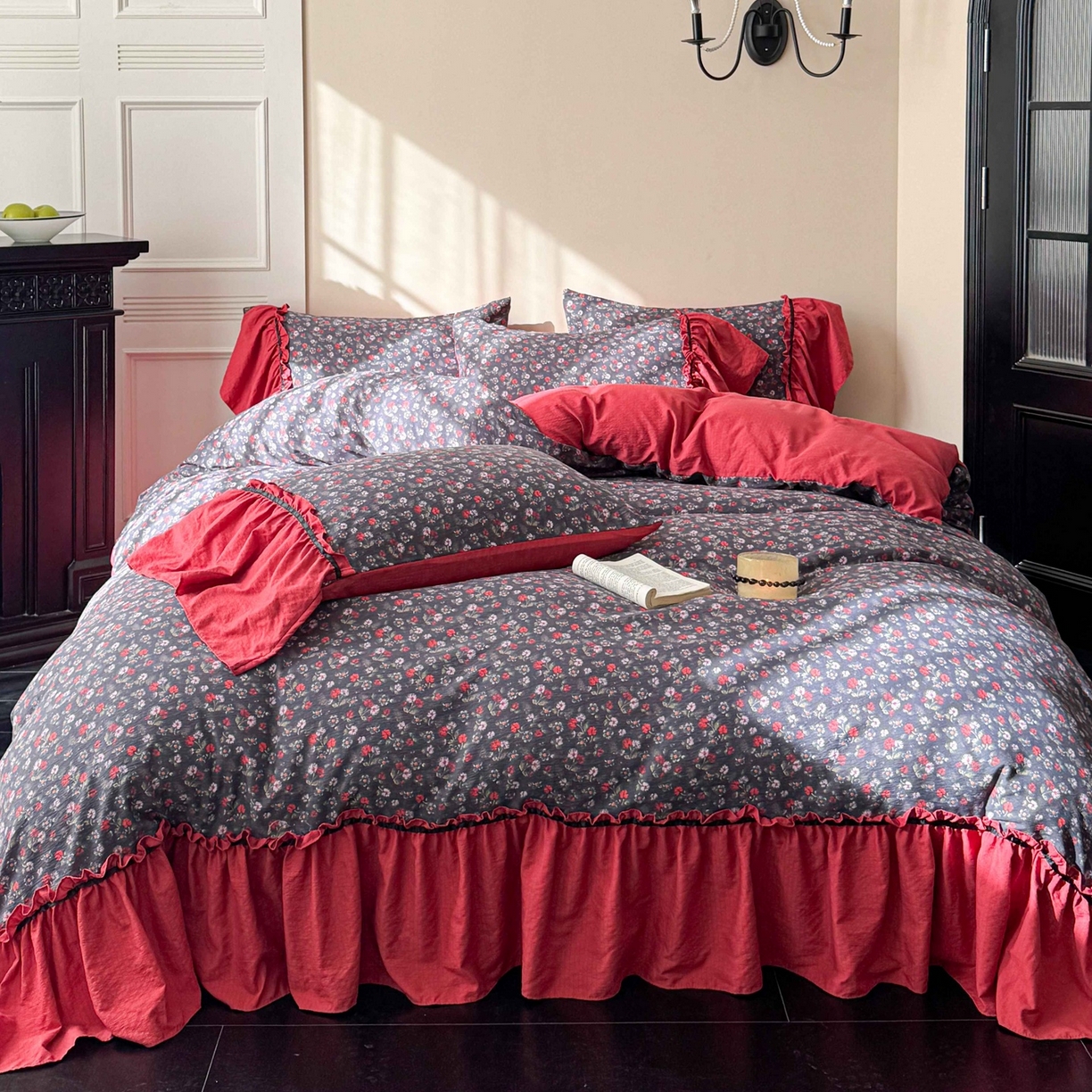 91家纺网 家纺一手货源 找家纺 （总）繁花家居 2025秋意浓水洗邹邹棉云感木棉多层纱大花边四件套直播外贸爆款