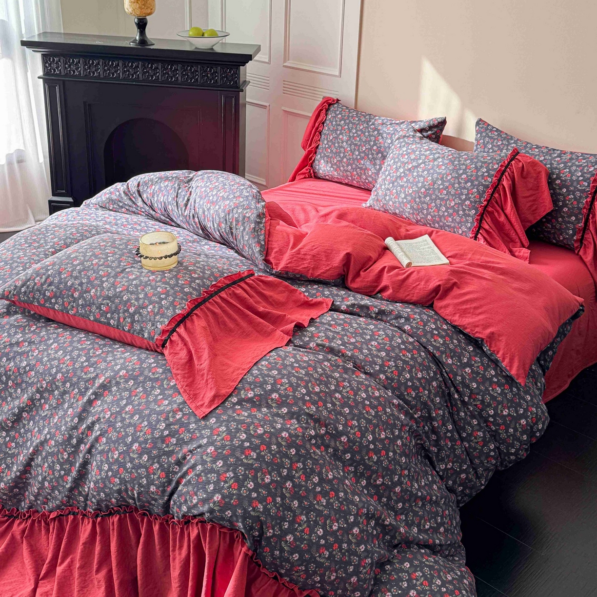 91家纺网 家纺一手货源 找家纺 繁花家居 2025秋意浓水洗邹邹棉云感木棉多层纱大花边四件套直播外贸爆款 红色大花边-海棠红