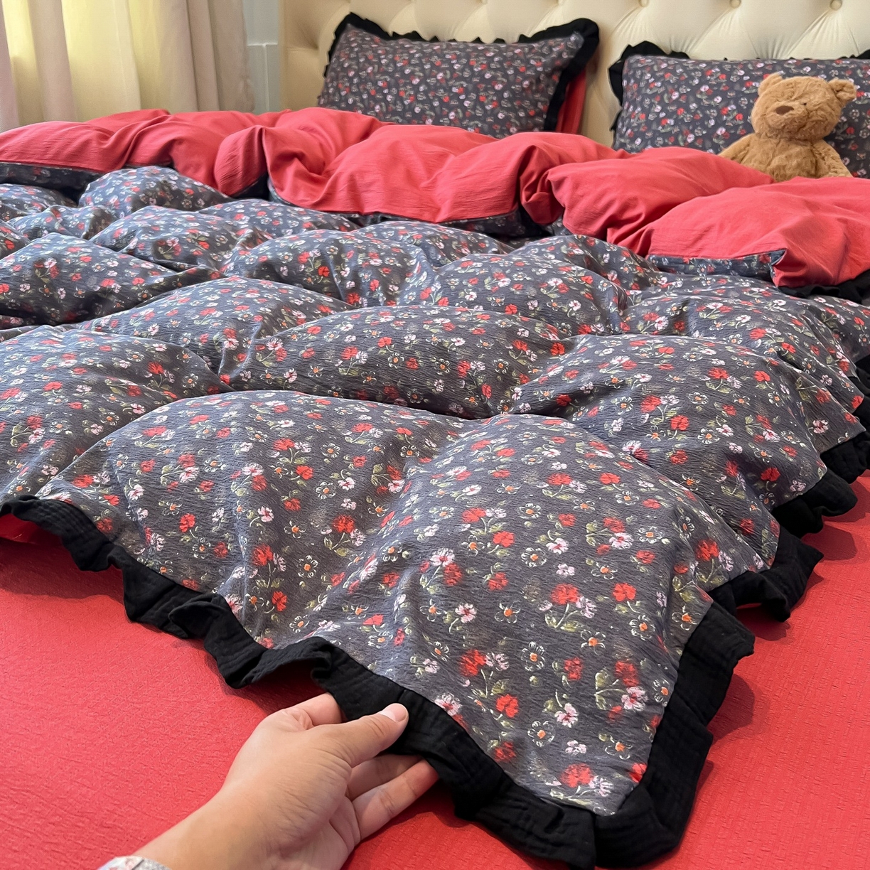 91家纺网 家纺一手货源 找家纺 （总）繁花家居 2025秋意浓水洗邹邹棉云感木棉多层纱大花边四件套直播外贸爆款