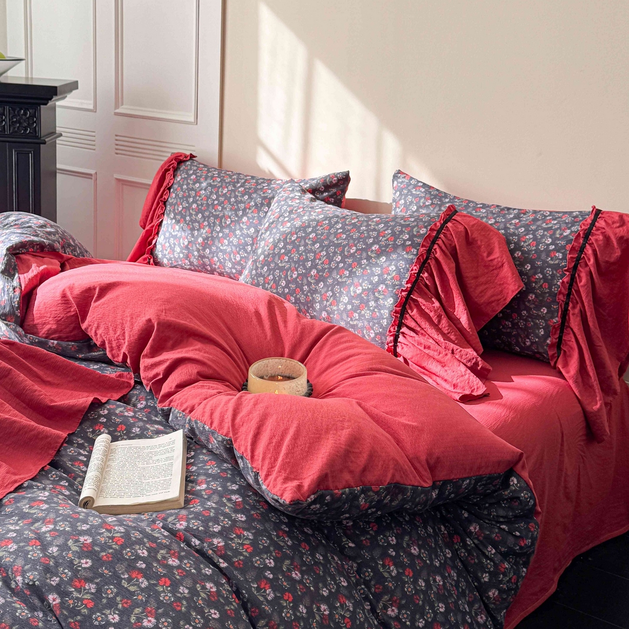 91家纺网 家纺一手货源 找家纺 （总）繁花家居 2025秋意浓水洗邹邹棉云感木棉多层纱大花边四件套直播外贸爆款