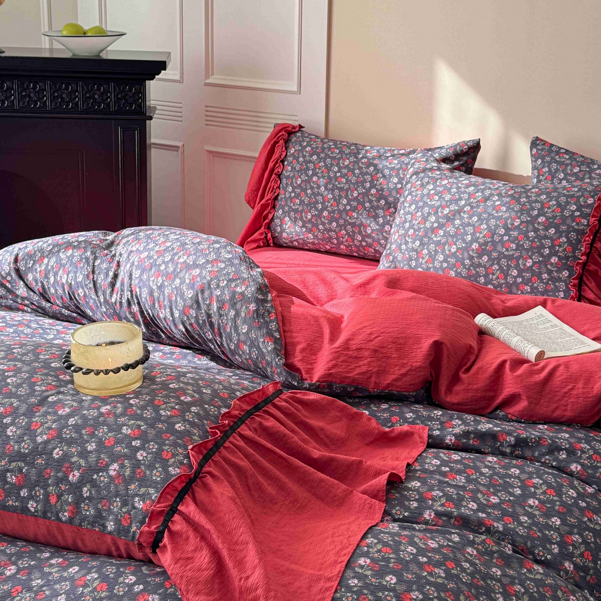 91家纺网 家纺一手货源 找家纺 繁花家居 2025秋意浓水洗邹邹棉云感木棉多层纱大花边四件套直播外贸爆款 红色大花边-海棠红