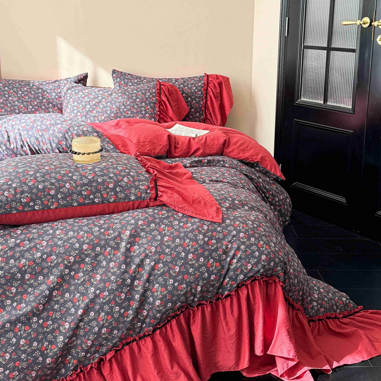 91家纺网 家纺一手货源 找家纺 繁花家居 2025秋意浓水洗邹邹棉云感木棉多层纱大花边四件套直播外贸爆款 红色大花边-海棠红