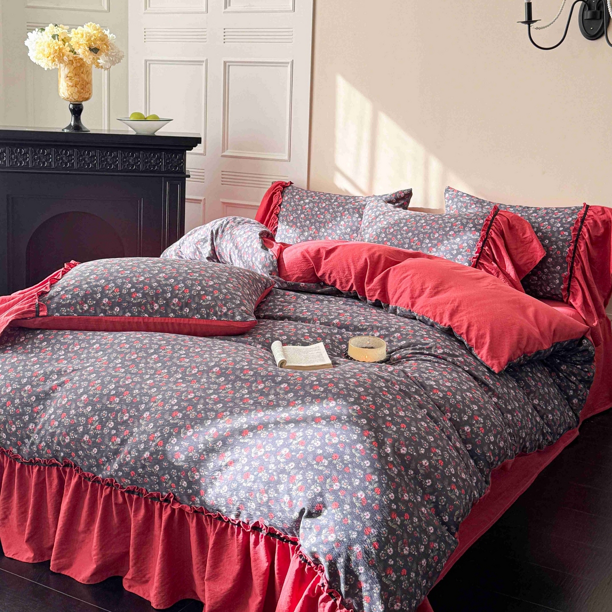 91家纺网 家纺一手货源 找家纺 繁花家居 2025秋意浓水洗邹邹棉云感木棉多层纱大花边四件套直播外贸爆款 红色大花边-海棠红