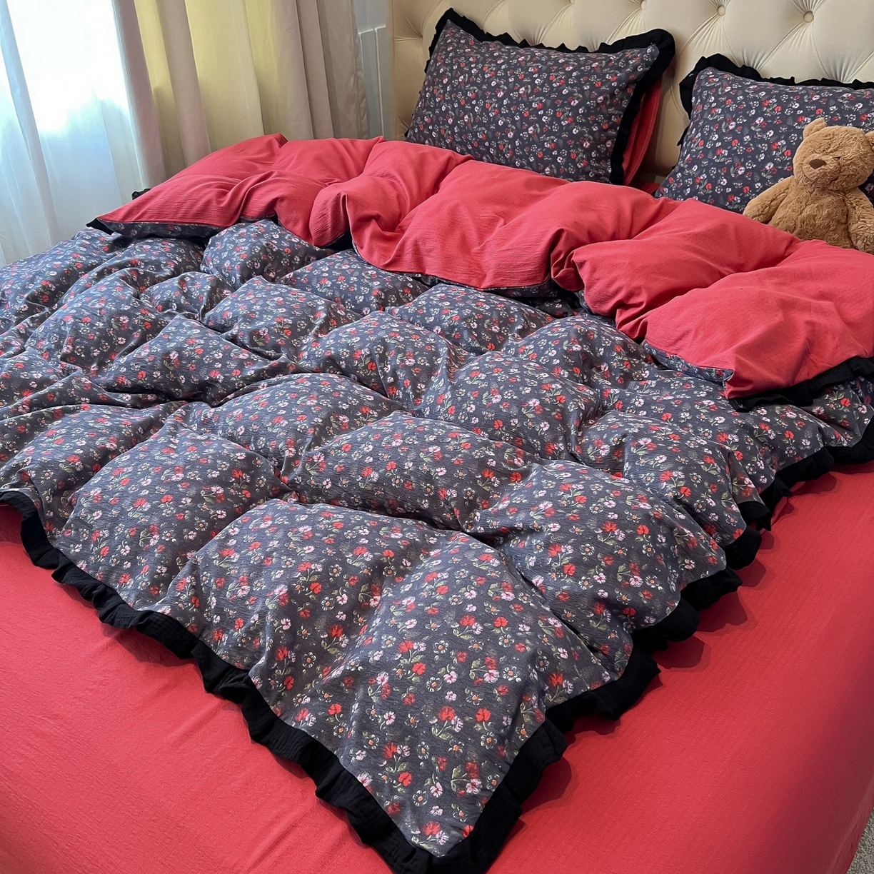 91家纺网 家纺一手货源 找家纺 繁花家居 2025秋意浓水洗邹邹棉云感木棉多层纱大花边四件套直播外贸爆款 木耳小花边-海棠红