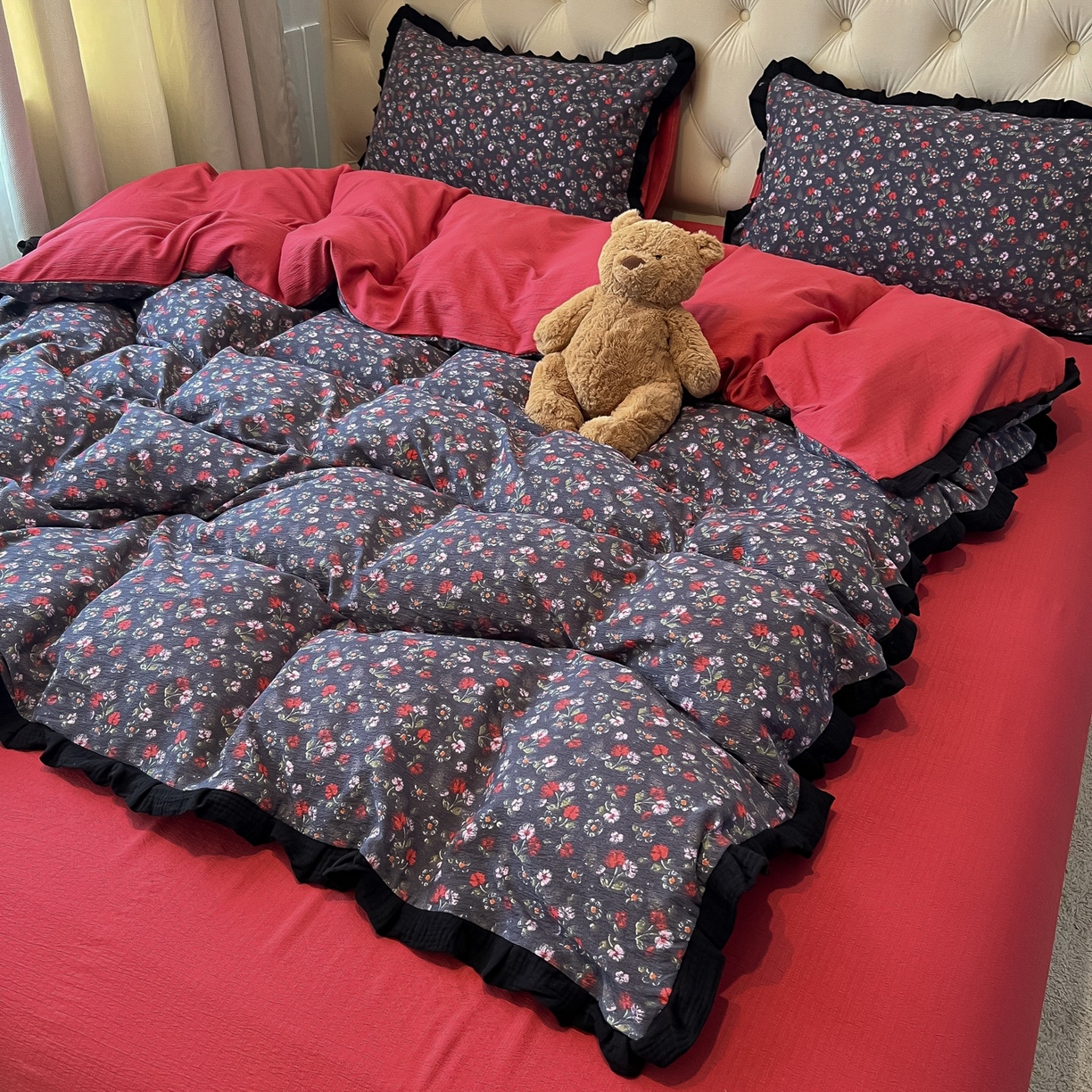 91家纺网 家纺一手货源 找家纺 繁花家居 2025秋意浓水洗邹邹棉云感木棉多层纱大花边四件套直播外贸爆款 木耳小花边-海棠红