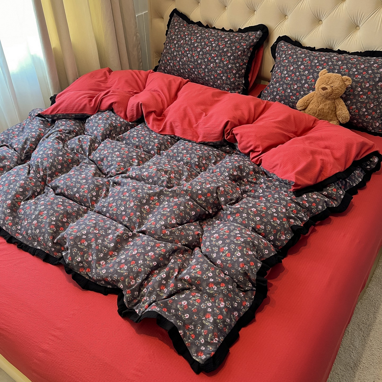 91家纺网 家纺一手货源 找家纺 繁花家居 2025秋意浓水洗邹邹棉云感木棉多层纱大花边四件套直播外贸爆款 木耳小花边-海棠红