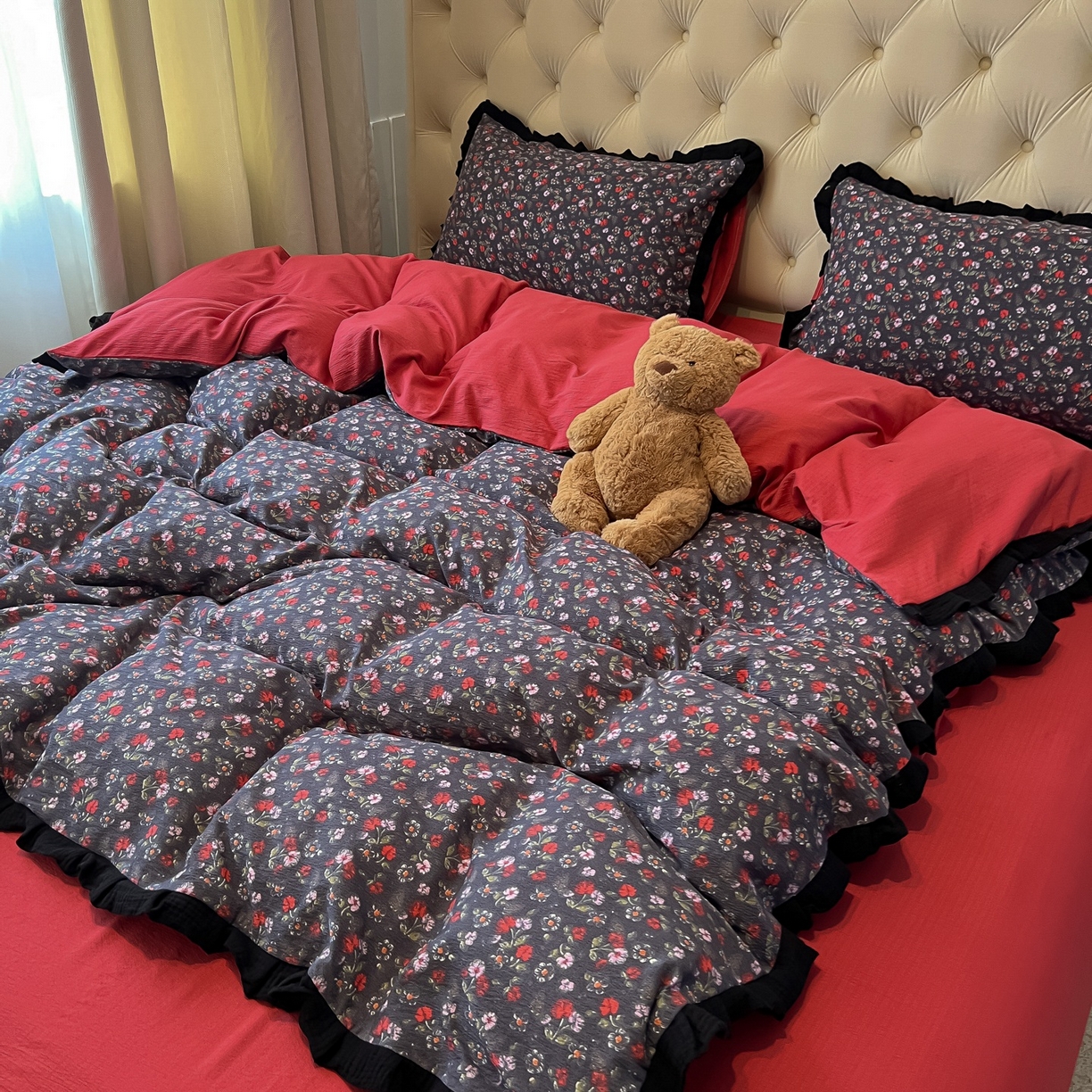 91家纺网 家纺一手货源 找家纺 繁花家居 2025秋意浓水洗邹邹棉云感木棉多层纱大花边四件套直播外贸爆款 木耳小花边-海棠红