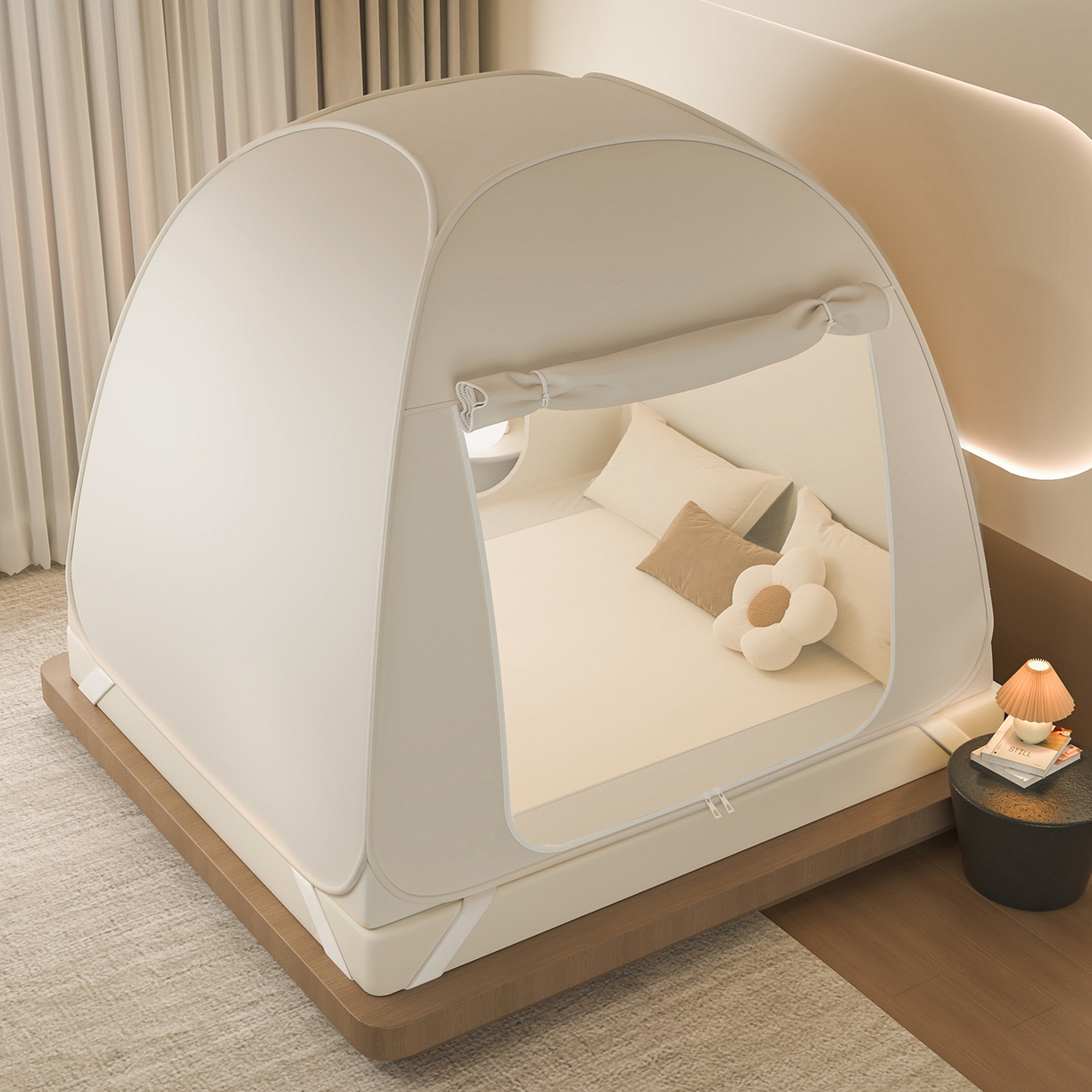 91家纺网 家纺一手货源 找家纺 海虹蚊帐 2025新款免安装保暖遮光钢丝蚊帐 浅米咖加厚全底